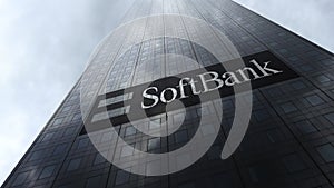 SoftBank logo on a skyscraper facade reflecting clouds. Editorial 3D rendering