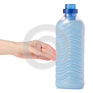 Softener conditioner in blue plastic bottle in hand isolated on white background