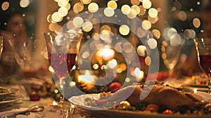Softfocus bokeh lights creating a dreamy backdrop for a family gathered around a beautifully adorned table enjoying a