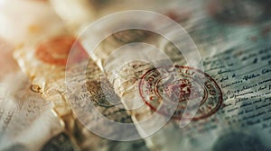 Softly blurred background of legal documents highlighting intricate details of stamps and seals creating a sense of