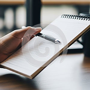 Softly blurred, emphasizing the focus on the notebook and pen. The