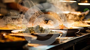 Softly blurred images of steaming plates and overflowing platters hinting at the richness and diversity of flavors