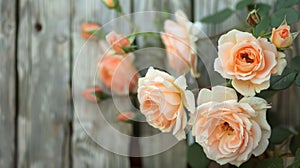 Softly blurred peach roses against a weathered wooden fence providing a cozy and rustic feel to the image.