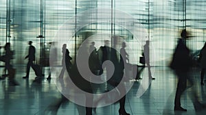 Softly blurred silhouettes of travelers and workers moving through the terminal creating an atmosphere of anonymity and photo