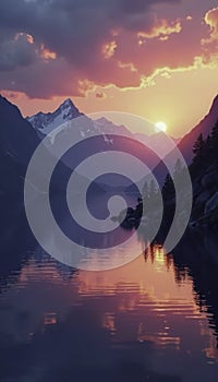 Softly glowing sunset over mountain range with calm lake, sunset, calmness, blue