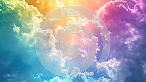 Softly lit clouds with a radiant rainbow gradient. Abstract beautiful sky. Magic heaven. Copy Space. Perfect for