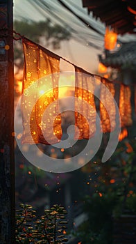 Softly Lit Tibetan Prayer Flags Fluttering in the Wind The mantras blur with the cloth