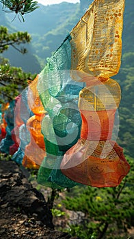 Softly Lit Tibetan Prayer Flags Fluttering in the Wind The mantras blur with the cloth