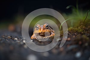 softly lit toad on a patch of dark soil