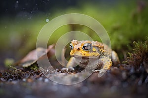 softly lit toad on a patch of dark soil
