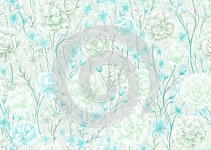 Softness floral seamless pattern. Watercolor painting blue and green flowers and leaves with on textured light green background.
