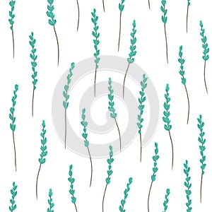 Softness loral seamless pattern with twigs with abstract teal blue flowers on white background