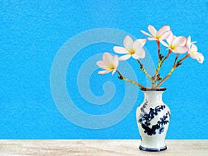 Softness pink frangipani flower bouquet in white chinese vase on wood shelf