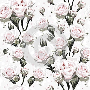 Softness pink roses with green stems and multi colored dots on light gray background.