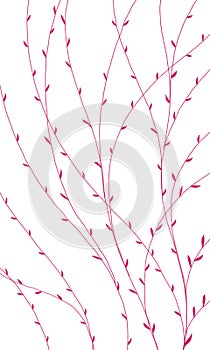 Softness spring Invitation card with abstract crimson colored twigs with leaves on white background.