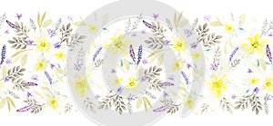 Softness watercolor seamless floral border. Isolated Hand drawn narcissus and abstract purple flowers with leaves on white