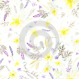 Softness watercolor seamless spring floral pattern with narcissus flowers