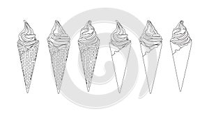 Softserve ountline vector on white background for menu or advertising. Ice cream with three shape. Detail in wafer cone photo