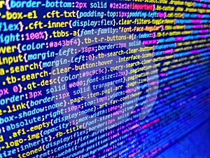 Software abstract background. Screen of web developing javascript code. Abstract computer script about big data and blockchain