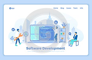 Software Application Development and Programming. Programmers team working with program code on the computer. landing web page