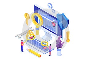 Software or application testing isometric vector concept. Debugging development process.