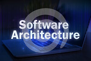 Software Architecture text on blue technology background with laptop