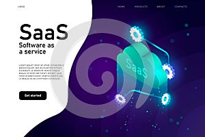 Software as a Service SaaS program. IT mainframe infrastructure website header. SaaS network website design layout