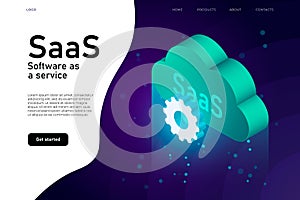 Software as a Service SaaS program. IT mainframe infrastructure website header. SaaS network website design layout