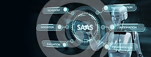 Software as a Service SaaS. Software concept. Robot pressing button on virtual screen. 3d render