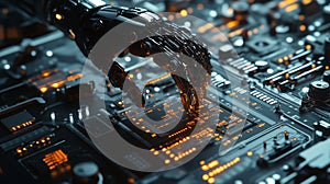 Robotic Hand Interacting with Futuristic Circuit Board Technology 3d dark glow orange modern design