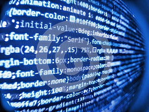 Software background technology. Developer display with source code. Digital display screen of modern programmer coding work live