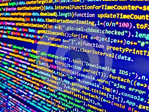 Software background technology. Software engineer at work. Coding script text on screen. Shallow depth of field, selective focus