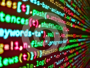 Software background technology. Programming code. Big data storage and cloud computing representation. Programmer occupation.