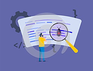 Software bug concept. Optimize and debug code mobile app, QA software dev, test and fix code application concept. Bug