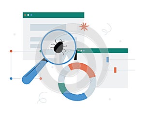 Software Bug Detection In Web Interface, Flat Vector Illustration Symbolizing Cybersecurity, Debugging, And IT