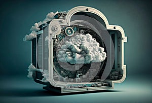 Software cloud technology, data center concept. Modern cloud technologies with clouds and technology, Conceptual illustration.