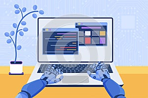 Software code automation development using AI, machine learning, robot coding at laptop