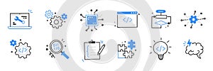 Software code icon doodle set. Hand drawn line sketch software coding doodle. Computer program build technology, data