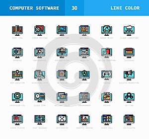 Software Computer filled line color icons.