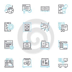 Software computing linear icons set. Algorithm, API, Application, Bytecode, Compiler, Database, Debugging line vector