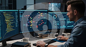 Software Developer Analyzing Code and Data on Multiple Screens