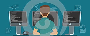 Software developer character. Vector programmer develops code illustration photo