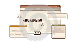 Software developer or code testing. Website development concept in trendy retro colors. Script coding, web ui ux design
