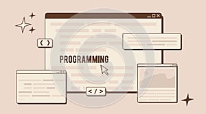 Software developer or code testing. Website development concept in trendy retro colors. Script coding, web ui ux design