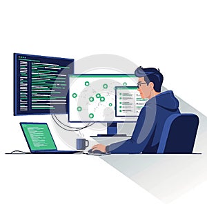Software Developer Coding and Analyzing Data on Multiple Monitors in Modern Workspace