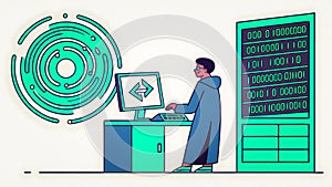 Software developer coding at computer with data and binary code