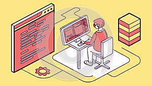 Software developer coding on computer with gears, engineering, vector design Generative AI