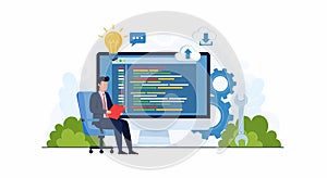 Software Developer Coding on Computer with Idea and Cloud Icons