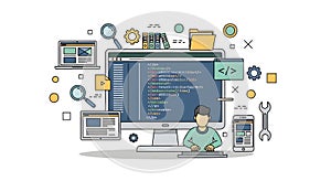 Software Developer Coding on Computer with Web Design Elements