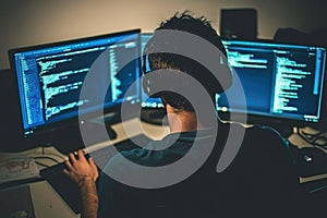 Software developer coding with dual monitors in a dark room